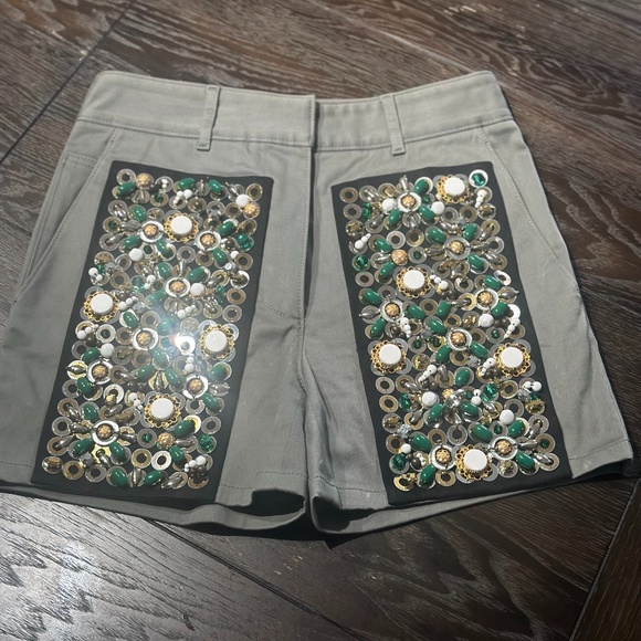 Rare Jeweled Couture Prada Olive Green Denim High waist shorts 40 (US 6) - Picture 1 of 11